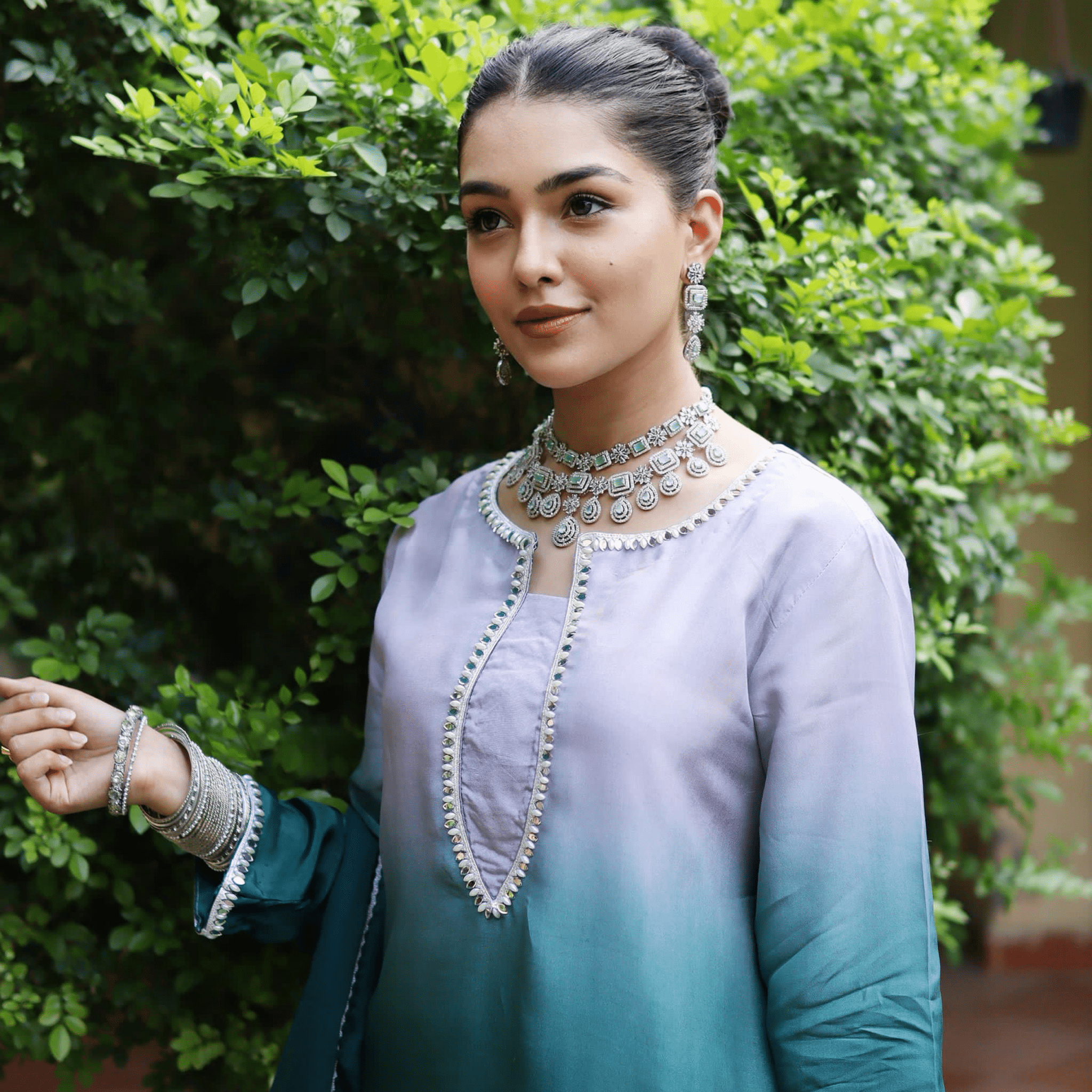 • Clothing: Embroidered/Printed suit for women - Made of best quality fabric - lawn or linen or chiffon - pure silk - Available at Najma Designs & Co. • Jewelry: Gold - plated stud earrings for