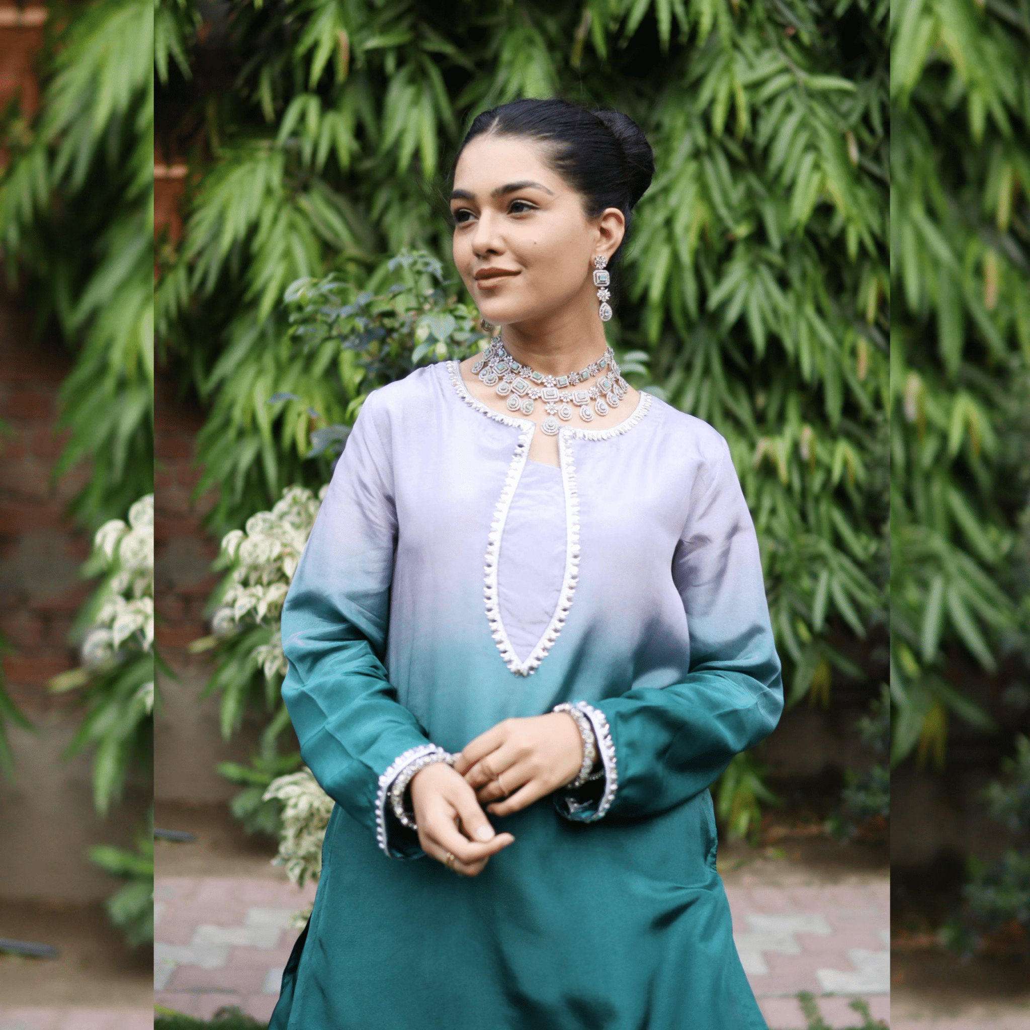 • Clothing: Embroidered/Printed suit for women - Made of best quality fabric - lawn or linen or chiffon - pure silk - Available at Najma Designs & Co. • Jewelry: Gold - plated stud earrings for