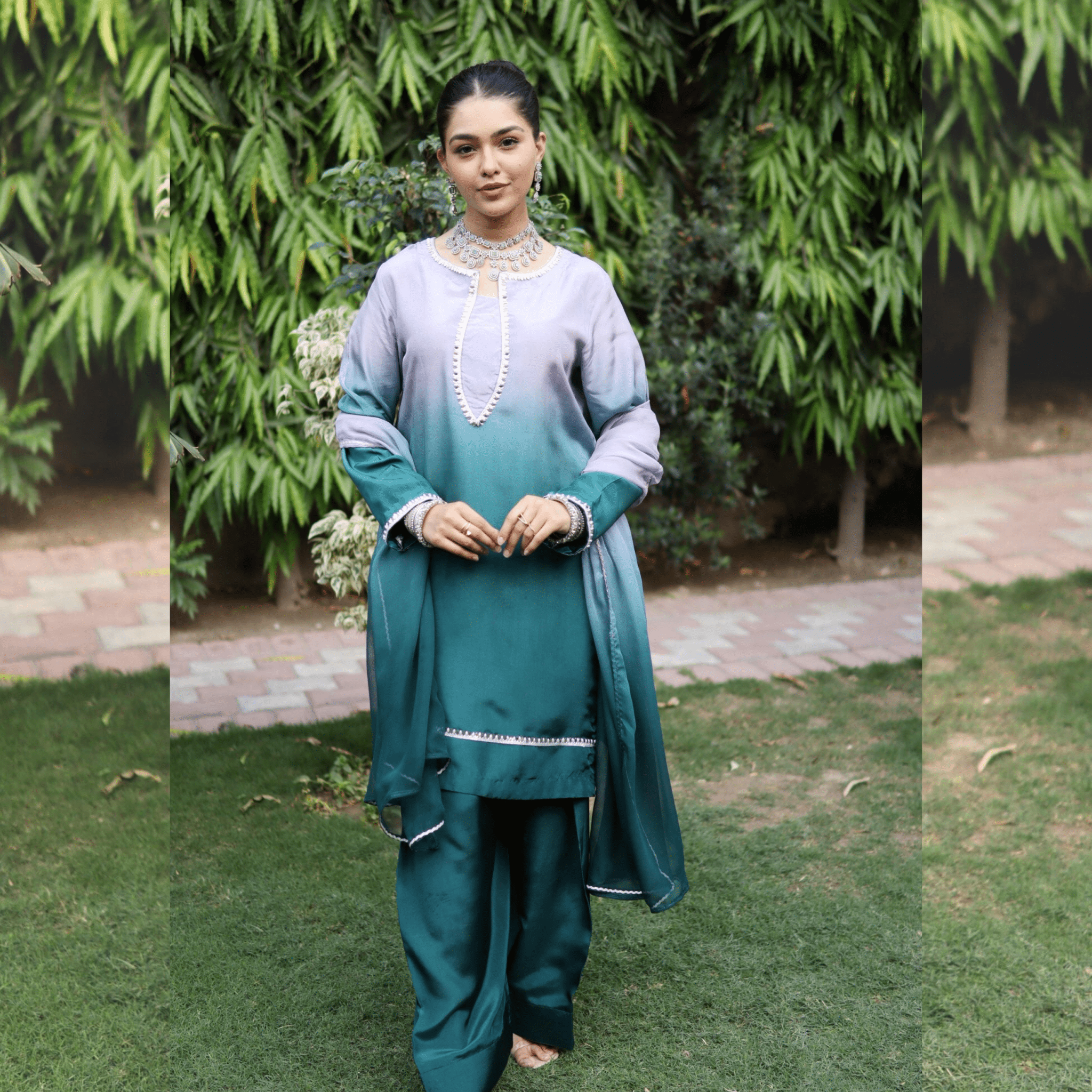 • Clothing: Embroidered/Printed suit for women - Made of best quality fabric - lawn or linen or chiffon - pure silk - Available at Najma Designs & Co. • Jewelry: Gold - plated stud earrings for