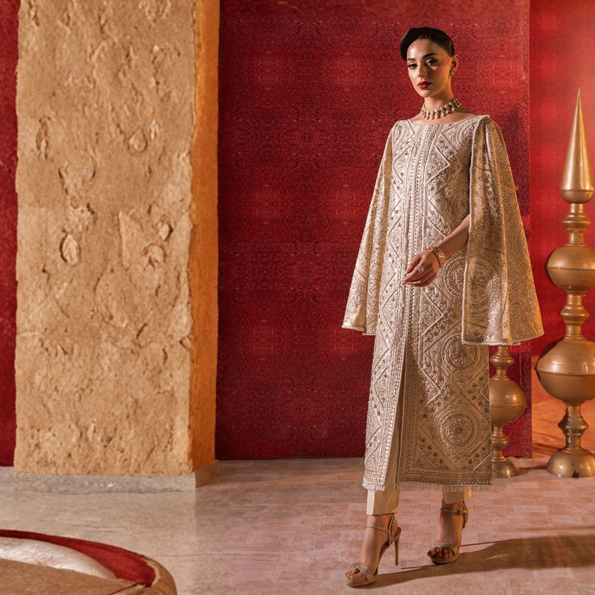 • Clothing: Embroidered/Printed suit for women - Made of best quality fabric - lawn or linen or chiffon - pure silk - Available at Najma Designs & Co. • Jewelry: Gold - plated stud earrings for