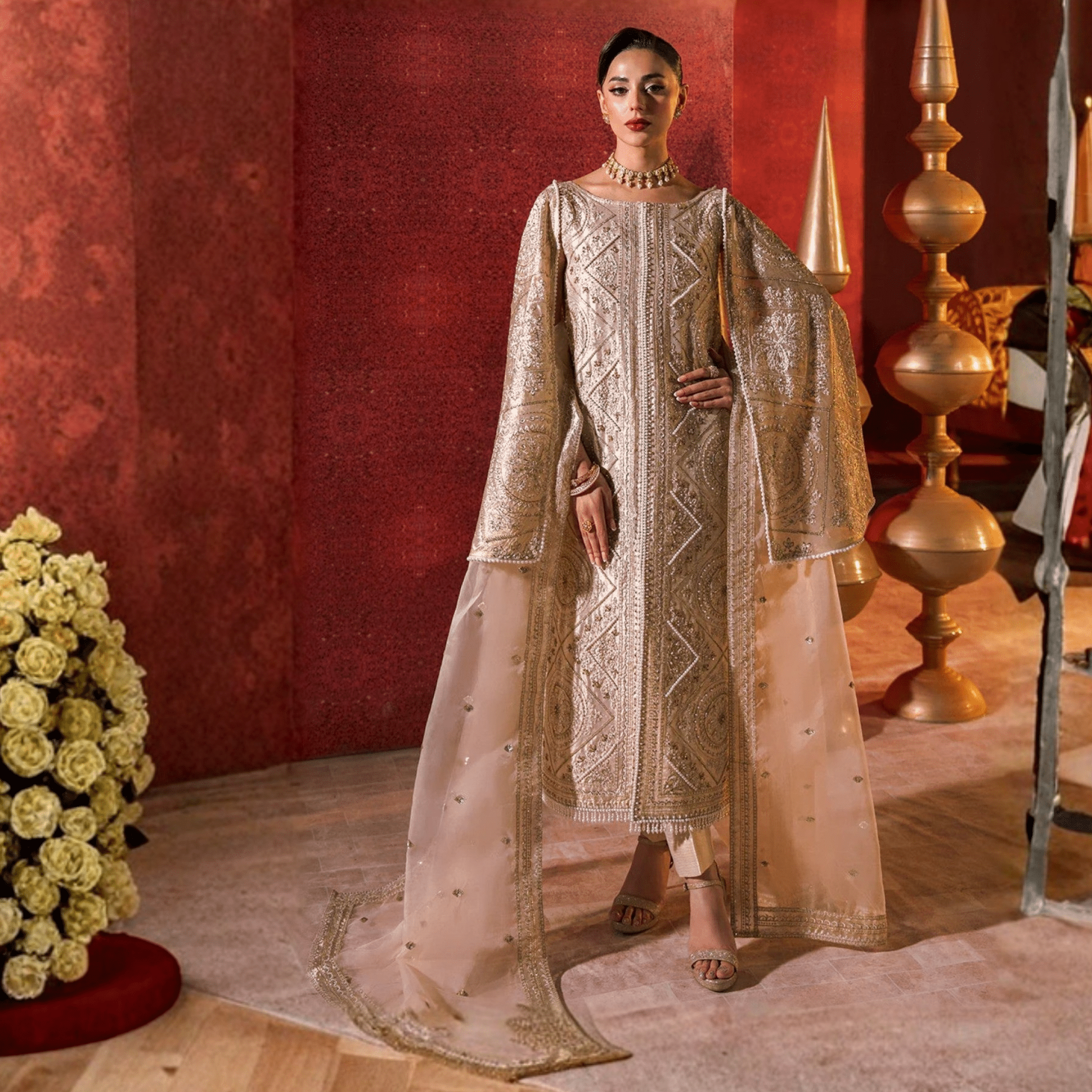 • Clothing: Embroidered/Printed suit for women - Made of best quality fabric - lawn or linen or chiffon - pure silk - Available at Najma Designs & Co. • Jewelry: Gold - plated stud earrings for