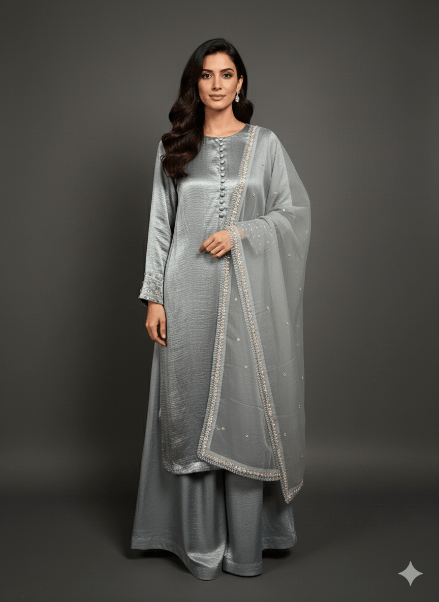 • Clothing: Embroidered/Printed suit for women - Made of best quality fabric - lawn or linen or chiffon - pure silk - Available at Najma Designs & Co. • Jewelry: Gold - plated stud earrings for