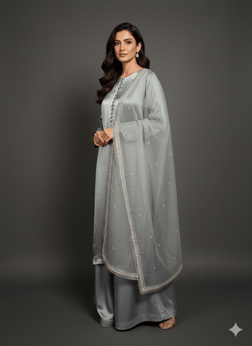 • Clothing: Embroidered/Printed suit for women - Made of best quality fabric - lawn or linen or chiffon - pure silk - Available at Najma Designs & Co. • Jewelry: Gold - plated stud earrings for