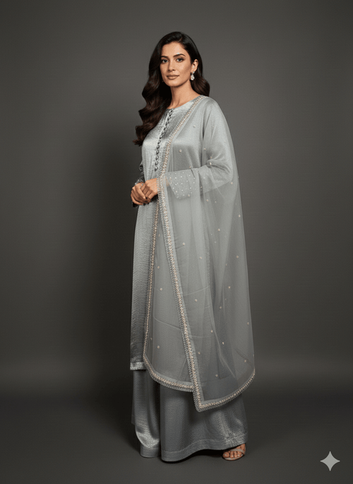 • Clothing: Embroidered/Printed suit for women - Made of best quality fabric - lawn or linen or chiffon - pure silk - Available at Najma Designs & Co. • Jewelry: Gold - plated stud earrings for