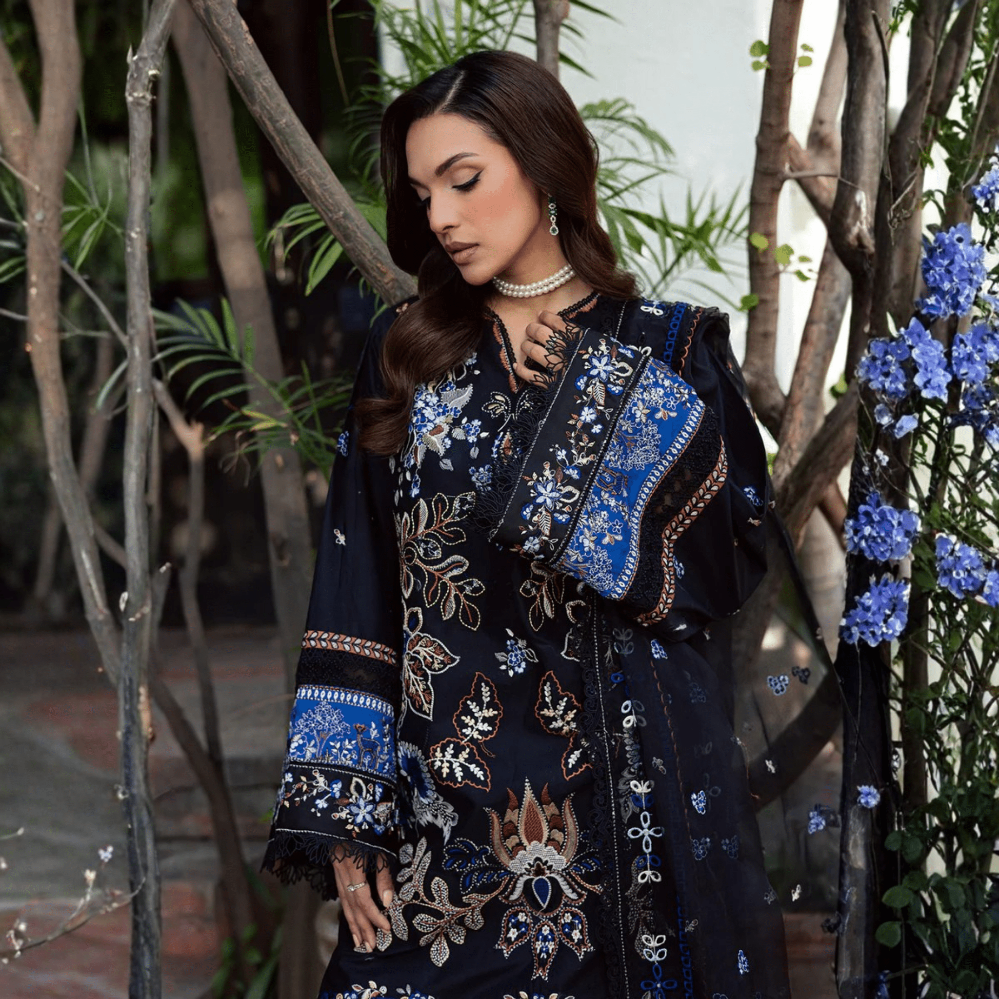 • Clothing: Embroidered/Printed suit for women - Made of best quality fabric - lawn or linen or chiffon - pure silk - Available at Najma Designs & Co. • Jewelry: Gold - plated stud earrings for