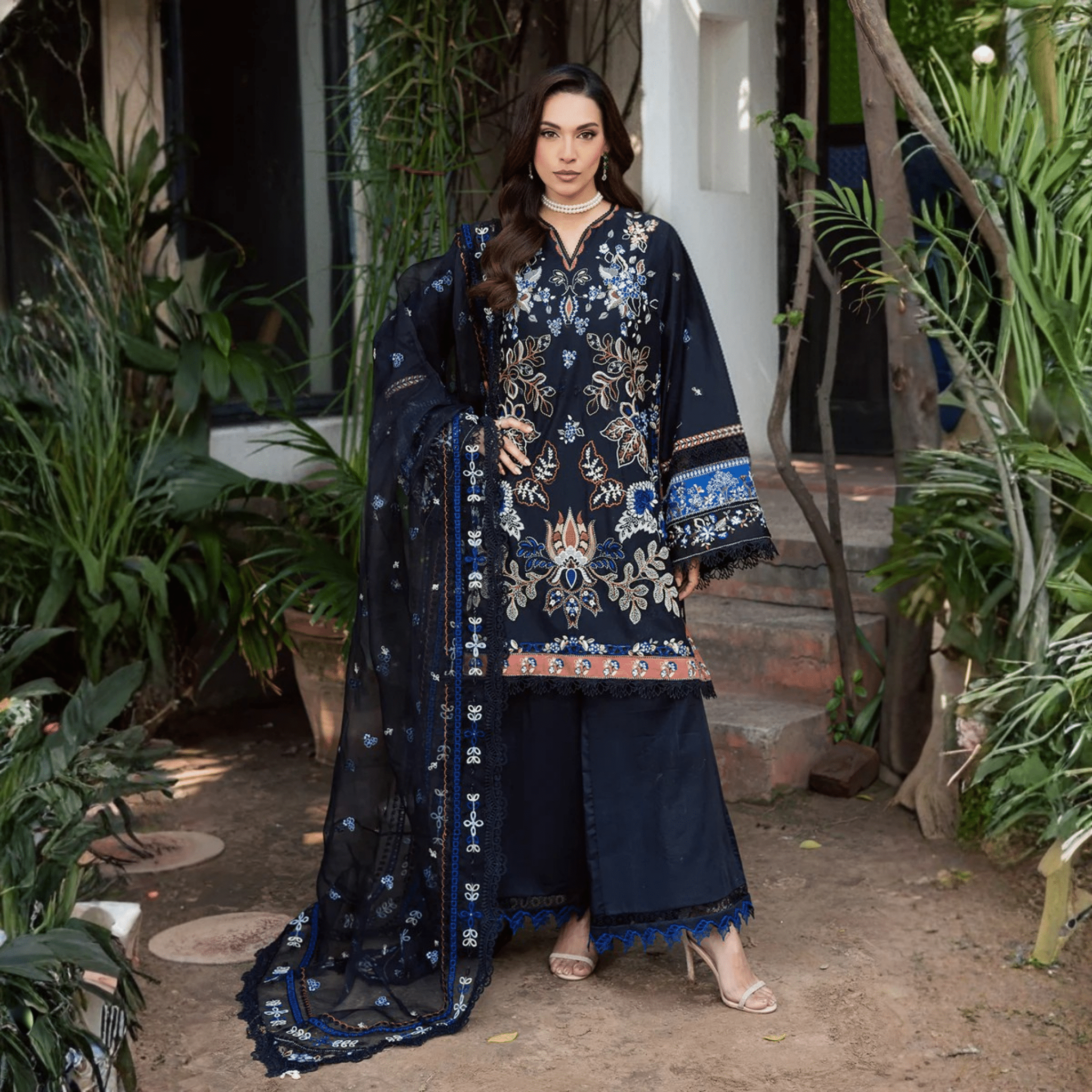 • Clothing: Embroidered/Printed suit for women - Made of best quality fabric - lawn or linen or chiffon - pure silk - Available at Najma Designs & Co. • Jewelry: Gold - plated stud earrings for