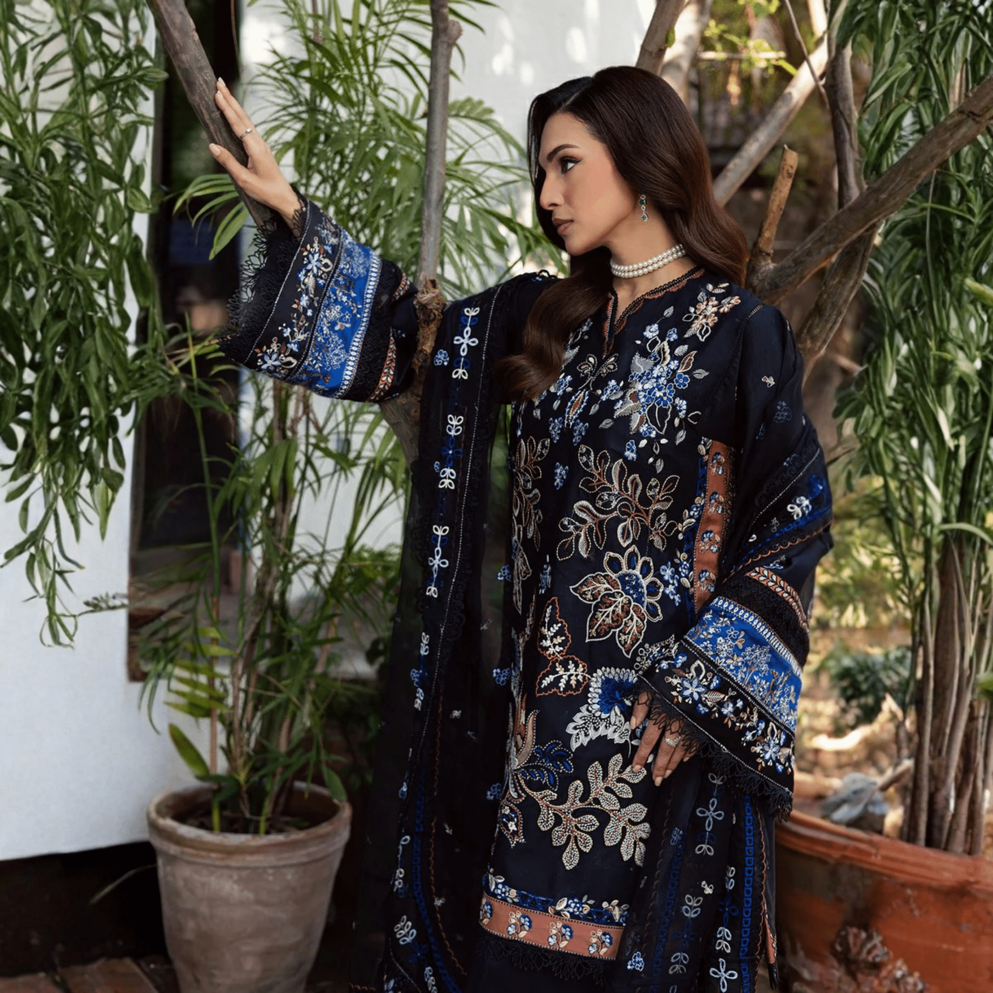 • Clothing: Embroidered/Printed suit for women - Made of best quality fabric - lawn or linen or chiffon - pure silk - Available at Najma Designs & Co. • Jewelry: Gold - plated stud earrings for